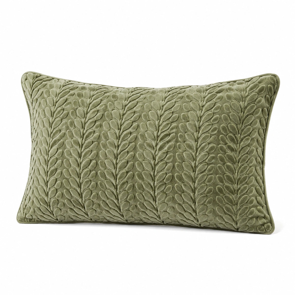Zierkissen 50 x 35 cm olivgrün mit samtiger Oberfläche und Blattrelief
