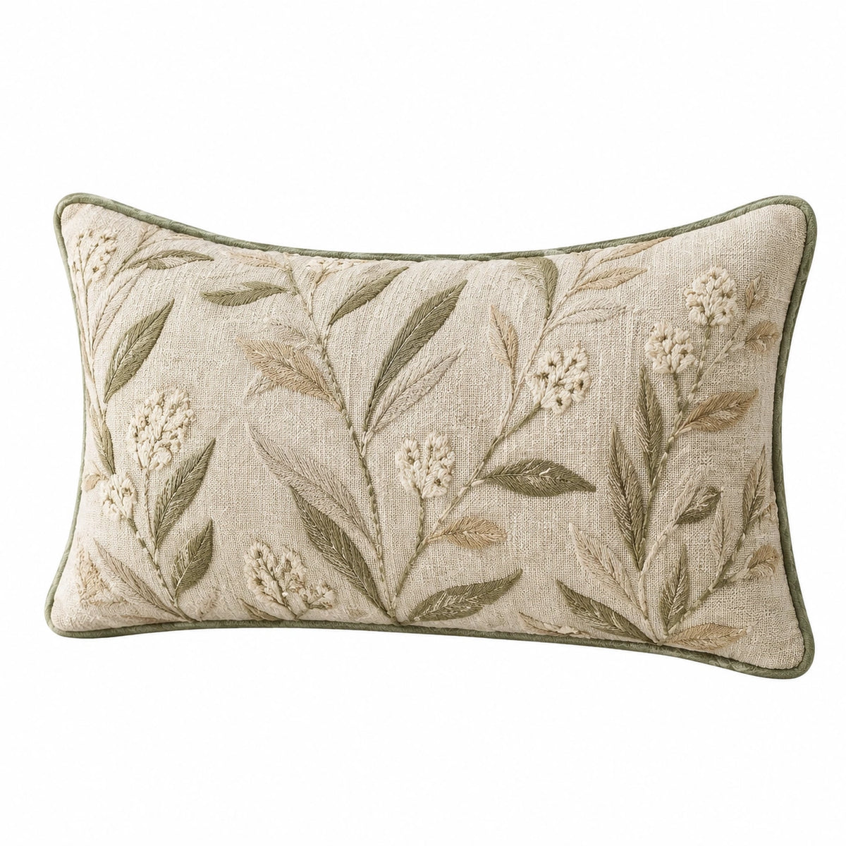 Dekokissen 50 x 30 cm Textil Beige Grün mit Blumenstickerei im Landhausstil