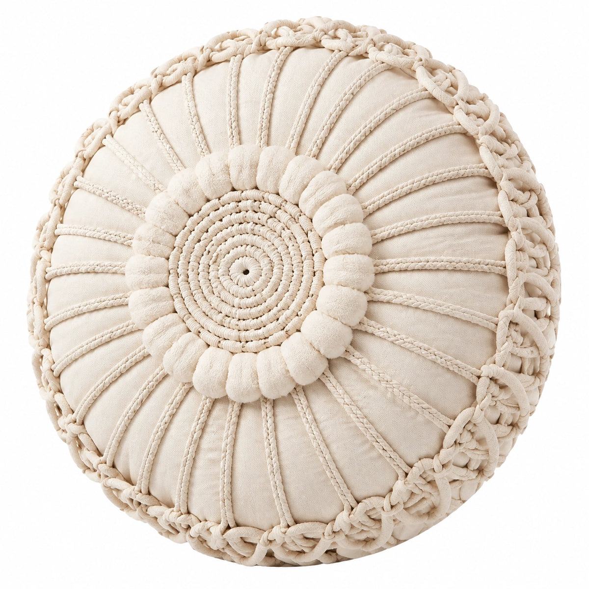 Rundes Zierkissen 45 cm Baumwolloptik Creme mit Makramee Sonnenmuster
